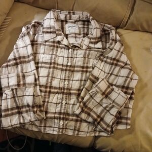 American EAGLE large Ladies Cropped Flannel White/brown Button Down Long Sleeves